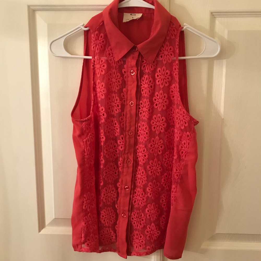 Pins & Needles Salmon Pink Floral Embroidered Sheer Top